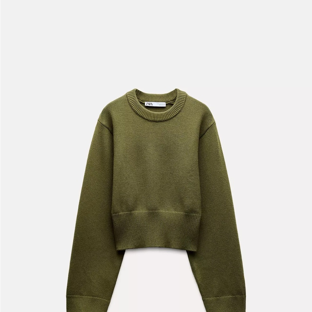 Zara Olive Cropped Crewneck Sweater